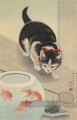 Katze und Schale Goldfisch 1933 Ohara Koson Japanisch